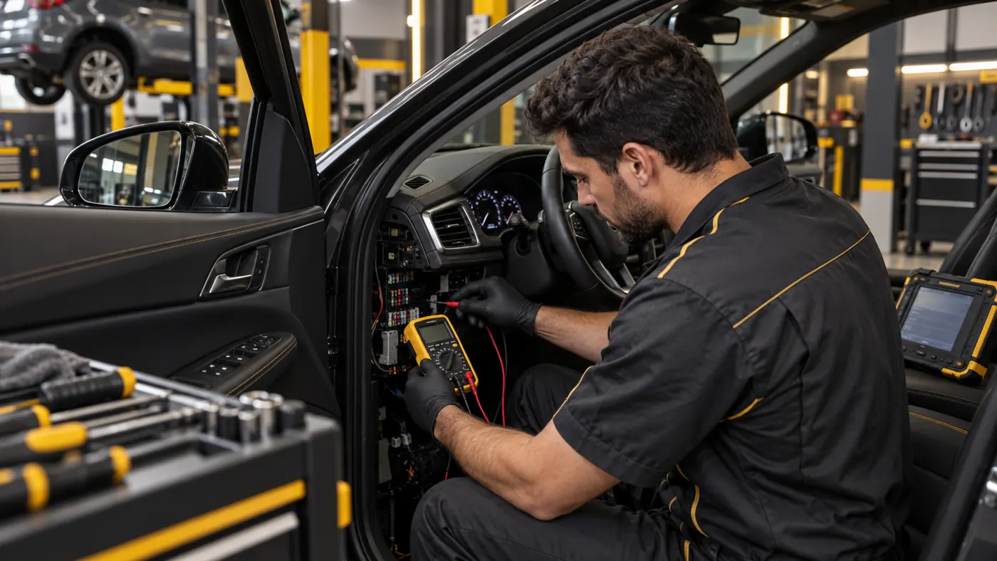 Técnico verificando o sistema elétrico do veículo