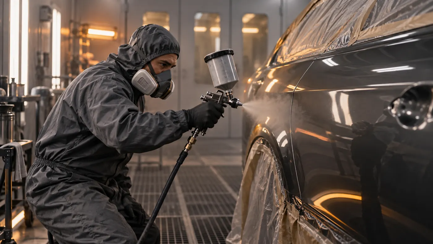 Profissional trabalhando no acabamento da pintura automotiva