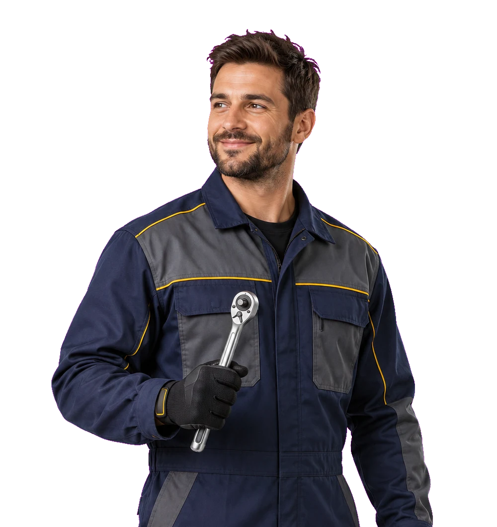 Imagem ilustrativa de mecânico com ferramenta, enquadrado da cintura para cima