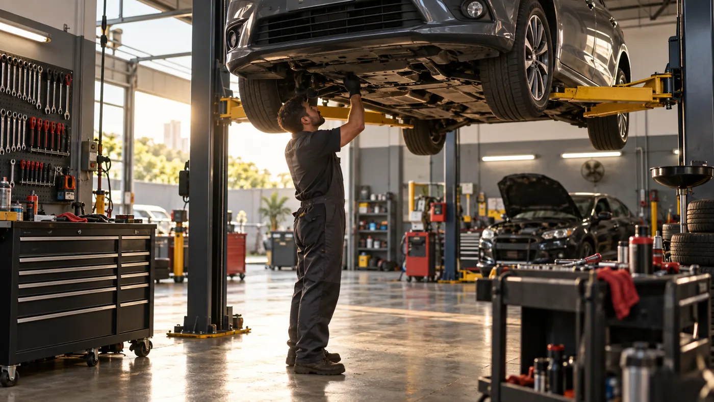Veículo em atendimento numa oficina automotiva; imagem ilustrativa